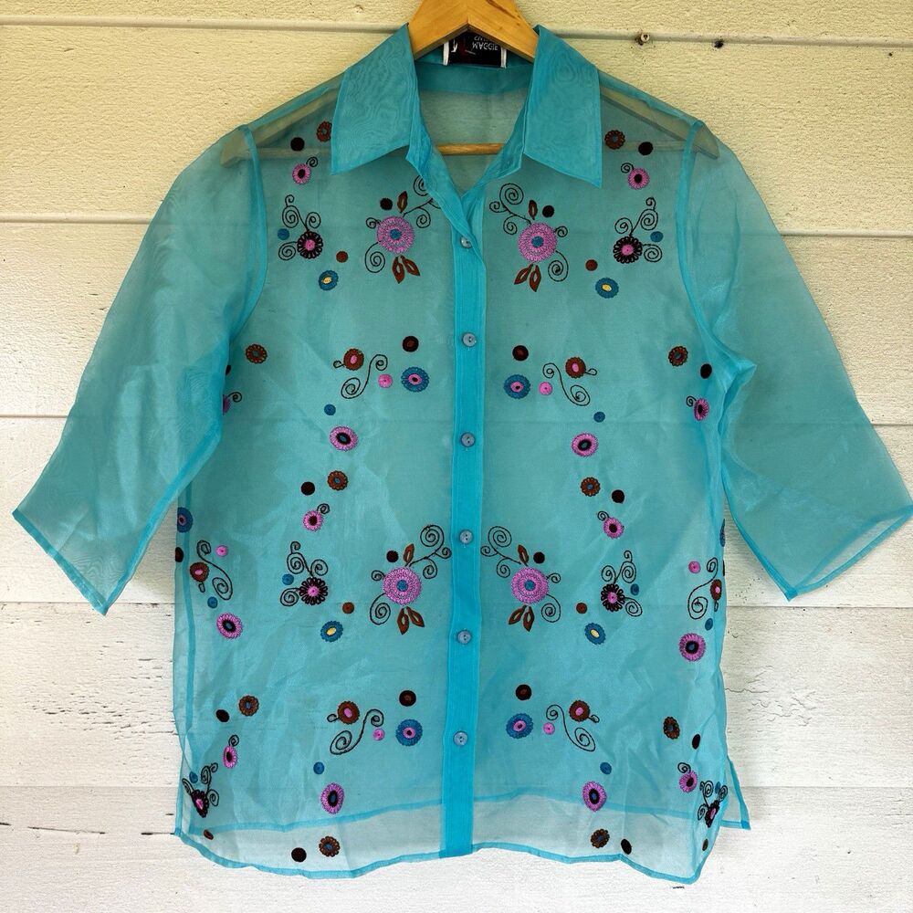 Vintage Maggie Sweet Sheer Organza Embroidered Blouse Turquoise Blue M 21 PTP